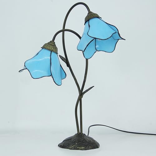 BOTOWI Pastorale Tischlampe im Tiffany-Stil Blumen-Buntglas-Schwanenhals-Schreibtischlampe 2-flammige Leseleuchten für Kinderzimmer, Wohnzimmer, Café, Bar,Blau von BOTOWI