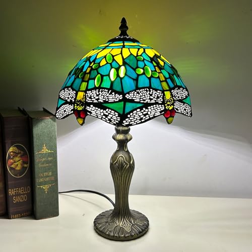 BOTOWI Tiffany Lampe Buntglas Tischlampe 10X10X16 Zoll Schreibtischlampe Libelle Mission Rose Traube Lotus Lampe Wohnbüro Nachttisch Leselampen,Dragonfly von BOTOWI