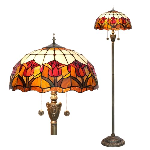 BOTOWI Tiffany Stil Stehlampe [2-Lichter][16''WX62''h] Home Decoration Lichter Antik Buntglas Tulpe Stehende Leseleuchte für Wohnzimmer Schlafzimmer Korridor Ecke Nachttisch,Rot von BOTOWI