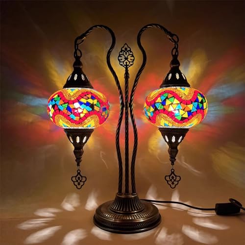 BOTOWI Türkische Lampe Mosaik Tischlampe 2-Licht einzigartige marokkanische Tischleuchte handgemachte antike böhmische Vintage-Lampenschirm Tiffany Schreibtisch Nachttisch Buntglaslampe,Orange von BOTOWI