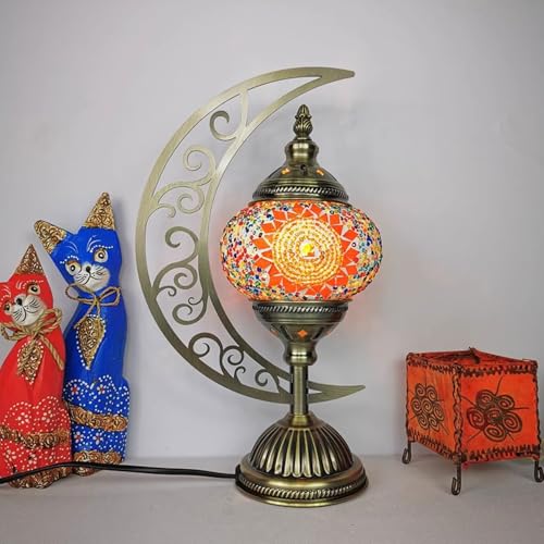 BOTOWI Türkische Lampe mondförmige Mosaik-Tischlampe einzigartiger marokkanischer handgefertigter antiker böhmischer Vintage-Lampenschirm Tiffany-Schreibtisch Nachttischlampe aus Buntglas,Gelb von BOTOWI