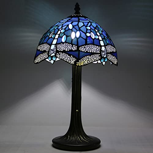 Tiffany Lampe Buntglas Lampe Vintage Tischlampe Blaue Lampe Lila Lampe Libelle Lampe Lesen Nachttischlampe für Wohnzimmer Schlafzimmer Büro, Rot Orange Gelber Schirm, 10 "B x 14" H,Blau von BOTOWI