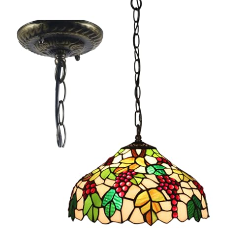 Tiffany Pendelleuchte Halterung Buntglas Lampenschirme Hängende Pendelleuchte Rot Grün Trauben Blatt Home Decor Kronleuchter Breite 12" Höhe 39" für Küche Esszimmer Decke Licht Schlafzimmer,F von BOTOWI