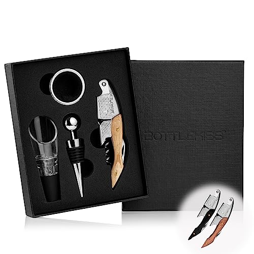 BOTTLEKISS® 4-teiliges Korkenzieher-Set - Einfach zu benutzen, mit ergonomischem Griff- Abtropfring, Ausgießer, Flaschenverschluss, Weinöffner - Langlebig und robust - Perfekt für Geschenke (Eiche) von BOTTLEKISS
