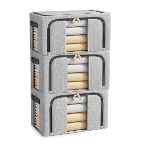 BOUDOI Faltbare Aufbewahrungsboxen, Taschen-Organizer, 3 Stück, Kleideraufbewahrungsboxen mit doppeltem Reißverschluss, transparentes Fenster, seitlicher Reißverschluss oben, Schrank-Box zur von BOUDOI