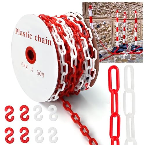 50 m Absperrkette Rot Weiß Kunststoffkette, 6mm Warnkette Plastikkett, Kunststoff Absperrkette mit 8 Karabinern für Barrieren in Auffahrten, Arbeitsplätzen und Garagen 50 m Absperrkette Rot Weiß Kunststoffkette, 6mm Warnkette Plastikkett, Kunststoff Absperrkette mit 8 Karabinern für Barrieren in Auffahrten, Arbeitsplätzen und Garagen von BOUFEIDA