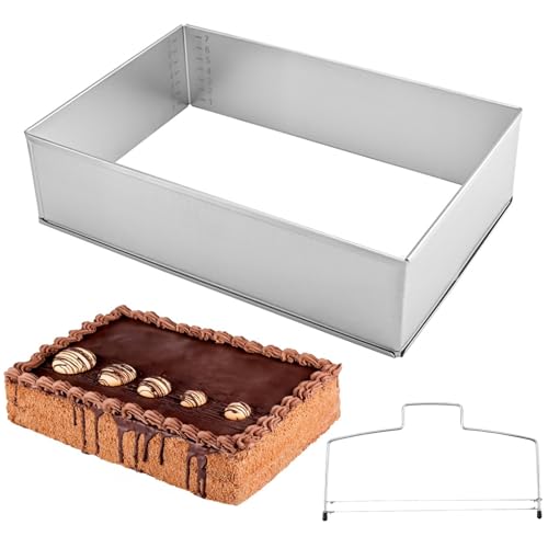 BOUFEIDA Backrahmen Rechteckig Verstellbar, Edelstahl Backform Rechteckig, 8cm Hohe Backrahmen Eckig Verstellbar mit Tortenschneider, zum Backen von B 20-35cm x L 29.5-50cm von BOUFEIDA