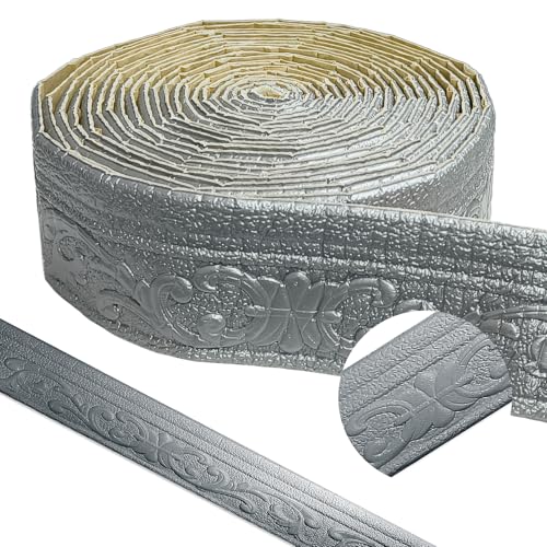 BOUFEIDA Deckenleisten Selbstklebend, Zierleisten Selbstklebend, 10m x 8cm Wasserdicht Bordüre 3D, Stuckleisten Decke Tapete Fliese Trims und Kanten Bordüre für Flur, Decke, Ecke Linie, Silber Grau von BOUFEIDA
