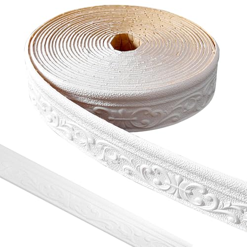 BOUFEIDA Deckenleisten Selbstklebend, Zierleisten Selbstklebend, 10m x 8cm Wasserdicht Bordüre 3D, Stuckleisten Decke Tapete Fliese Trims und Kanten Bordüre für Flur, Decke, Ecke Linie, Weiß von BOUFEIDA