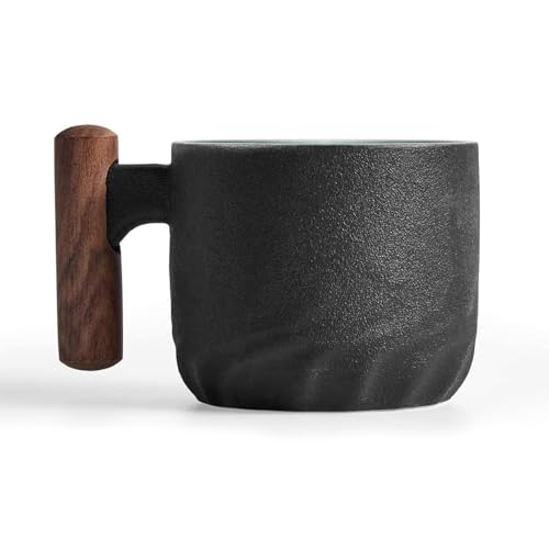 BOUFEIDA Espresso Tassen, 70 ml Keramik Tasse, Espressotassen Teetassen Kaffeetassen mit Holzgriff, Espressotassen Dickwandig Winzige Kaffeebecher Demitasse für Espresso, Tee, Schwarz von BOUFEIDA