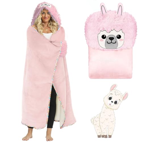 BOUFEIDA Flanell Alpaka Decke, 165 * 120cm Alpakadecke mit Ärmeln und Kapuze, Flauschig Kuscheldecke Plüsch Alpaka Tiermuster Decke Ideal für den Hausgebrauch oder als Geschenk von BOUFEIDA