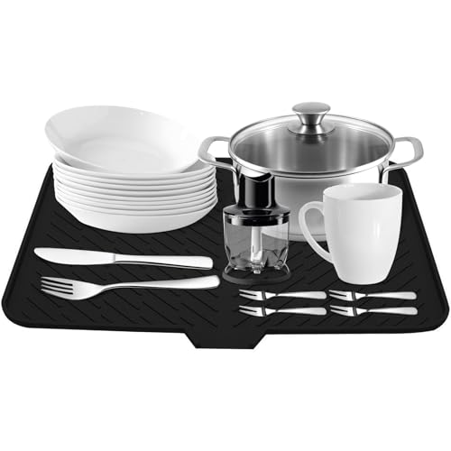 BOUFEIDA Abtropfmatte, Abtropfmatte Geschirr, Abtropfmatte Spüle Silikon mit Ablauf, Silikon Abtropfmatte für Badezimmer Küche Arbeitsplatte, Barmatte, Schwarz, 58 x 43 cm von BOUFEIDA
