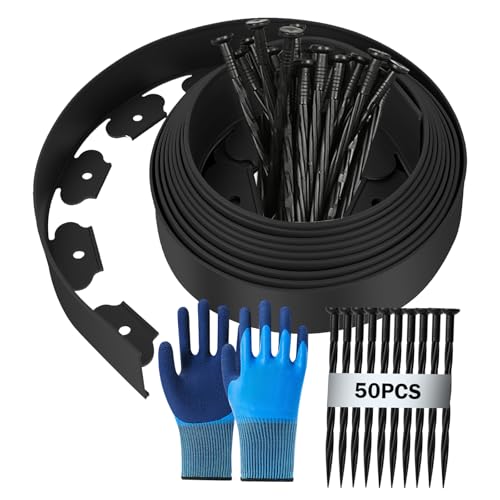 Flexible Rasenkante aus Kunststoff, 10m (L) x 5cm(H) Rasenkante Kunststoff, Rasenkanten Höhe Beeteinfassung Rasenbleche Mähkante Palisade, mit Befestigungsnägel x 50 + Handschuhe x 1Paar - Schwarz von BOUFEIDA