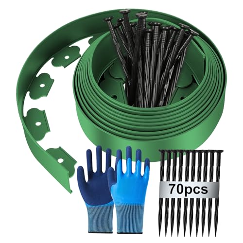 Flexible Rasenkante aus Kunststoff, 15m (L) x 5cm(H) Rasenkante Kunststoff, Rasenkanten Höhe Beeteinfassung Rasenbleche Mähkante Palisade, mit 70 Befestigungsnägel + Handschuhe x 1Paar - Grün von BOUFEIDA
