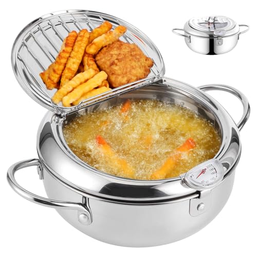 Frittiertopf aus Edelstahl, 2.2L Japanische Tempura Fritteuse Topf Mit Thermometer und Deckel, Frittiertopf für Pommes Frites, Hühnerflügel und Garnelen von BOUFEIDA