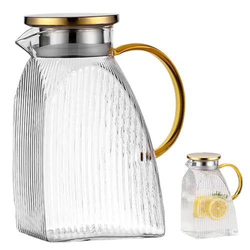 Karaffe Glas mit Deckel, 1.8L Glaskanne, Glaskanne mit Edelstahldeckel, Glaskaraffe, Auslaufsicherer Kühlschranktür Karaffen für Heiße oder Kalte Getränke von BOUFEIDA