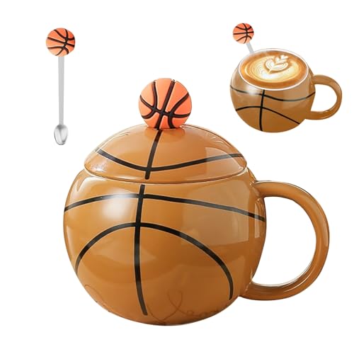 Süßer Tasse Deckel und Löffel, 420ml Süße Keramikkaffeetasse, Neuheit Becher für Kaffee, Tee, Milch, Basketball von BOUFEIDA