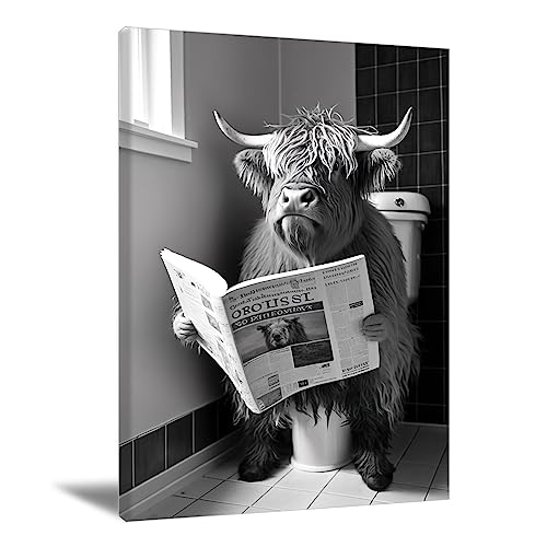 BOUHES Kuh Badezimmer Wandkunst Lustige Badezimmer Wanddekoration Rinder Poster Schwarz und Weiß Kuh Drucke Tiere Badezimmer Malerei Kuh Sitzen auf Toilette Wandkunst Rustikales Bauernhaus Badezimmer von BOUHES