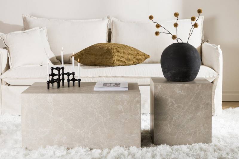 BOURGH Couchtisch VERONA Wohnzimmertisch 2er Set - Sofatisch + Beistelltisch in beige, in Marmor-Optik von BOURGH