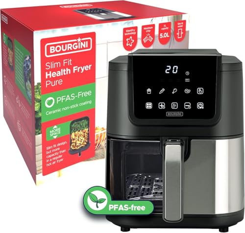 BOURGINI Luftfritteuse mit Keramikbeschichtung, frei von Chemikalien (PFAS, C6, PFHxA, PTFE, PFOA und BPA), 5 Liter, schmales Format, 35 % kompakter, 1500 W, ideal für ein ungiftiges Zuhause. von BOURGINI