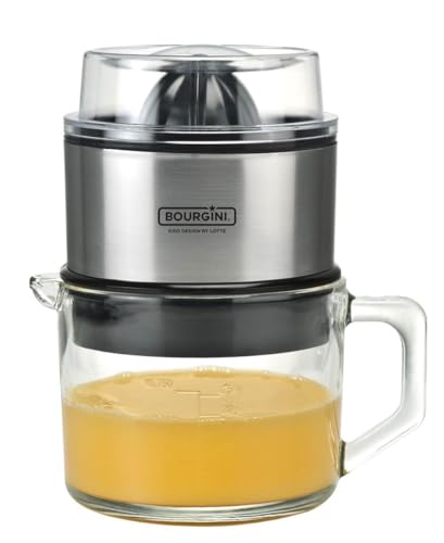 Bourgini Lotte Juicer Deluxe | Orangenpresse | Elektrische Zitruspresse | Entsafter Hebel Fruchtpresse Orangensaftpresse - Orange Juicer | 60 Watt | 0.75 Liter Glaskanne | Edelstahlgehaüse, Silver von BOURGINI