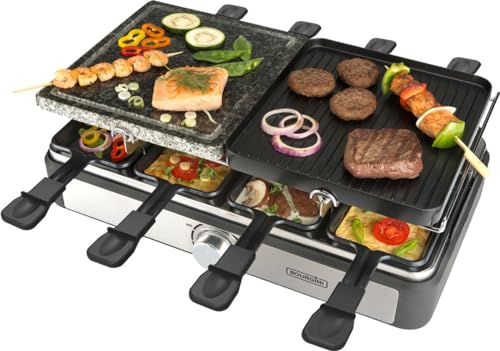 Bourgini Raclette Gourmette und Stein Grill | 8 Personen | 1400 Watt | Edelstahl | Raclettegerät von BOURGINI