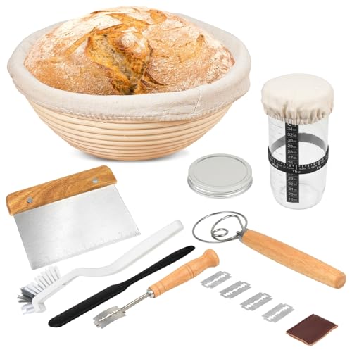 14-teilig Gärkorb Brot Rund Set 23CM inkl. Teigschaber Leineneinsatz Teigrührer & Brot Lahm Professionelles Brotbackzubehör für Anfänger von BOUTICOL