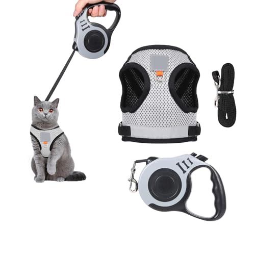 Katzengeschirr mit Leine Verstellbar Ausbruchsicher Katzengarnitur Harness Katzenweste Softgeschirr für Katzen Hunde mit Katzenleine 5m /16,4 Fuß Grau (S) von BOUTICOL