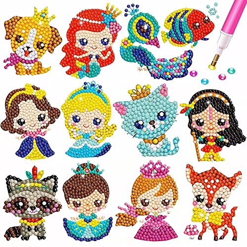 BOUTIKS 5D Diamond Painting Mädchen, 12 Stücke DIY Tiermalerei Tiere Prinzessin Diamant Aufkleber Kit Diamant Malerei Kits für Aufkleber Mädchen Geburtstagsgeschenk von BOUTIKS