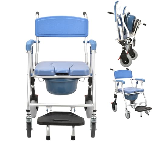 3-In-1 Klappbarer Duschstuhl mit Rollen, Wasserdicht Wc Stuhl Toilettenstuhl mit Weiche Sitzpolster und Bremsen, Duschen Toilettenrollstuhl für Nicht Mehr Als 150kg ältere Menschen Schwangere von BOVDC
