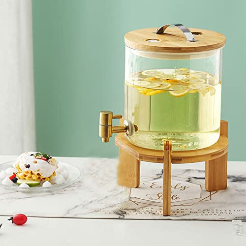 3.5/5/8L Getränkespender mit Zapfhahn aus Edelstahl, Glas Wasserspender mit Stand aus Holz, Trinkspender aus Hitzebeständigem Borosilikatglas für Limonaden Säfte und Schorlen(Size:5L) von BOVDC