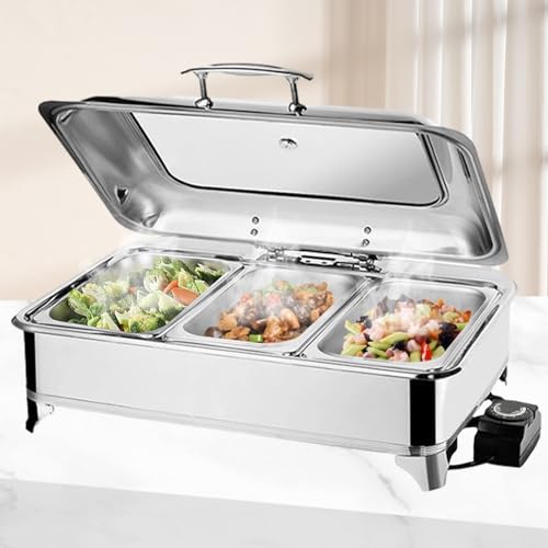 BOVDC Chafing Dish Elektrisch, 9L Edelstahl Speisewärmer Buffetwärmer Einstellbare Temperatur, Warmhaltebehälter Essen Elektrisch mit Sichtbarem Glasdeckel(Temperatur-Einstellknopf, 1/3 Pan) von BOVDC