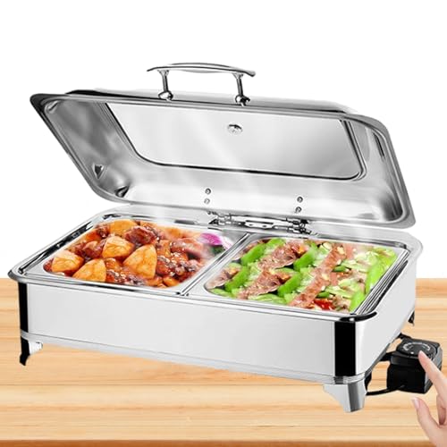 BOVDC Chafing Dish Elektrisch 9L, Edelstahl Elektrische Warmhaltebehälter Einstellbare Temperatur, Rechteckiger Chafing Dish Set Speisenwärmer mit Sichtbarem Glasdeckel (A, 1/2 Pan) von BOVDC