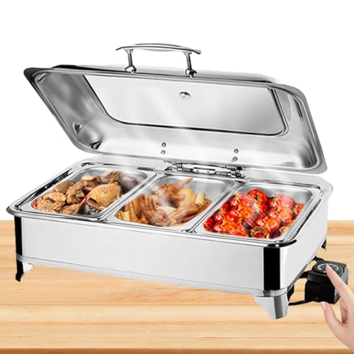 BOVDC Chafing Dish Elektrisch 9L, Edelstahl Elektrische Warmhaltebehälter Einstellbare Temperatur, Rechteckiger Chafing Dish Set Speisenwärmer mit Sichtbarem Glasdeckel (A, 1/3 Pan) von BOVDC