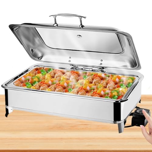 BOVDC Chafing Dish Elektrisch 9L, Edelstahl Elektrische Warmhaltebehälter Einstellbare Temperatur, Rechteckiger Chafing Dish Set Speisenwärmer mit Sichtbarem Glasdeckel (A, Full Pan) von BOVDC