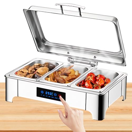 BOVDC Chafing Dish Elektrisch 9L, Edelstahl Elektrische Warmhaltebehälter Einstellbare Temperatur, Rechteckiger Chafing Dish Set Speisenwärmer mit Sichtbarem Glasdeckel (B, 1/3 Pan) von BOVDC