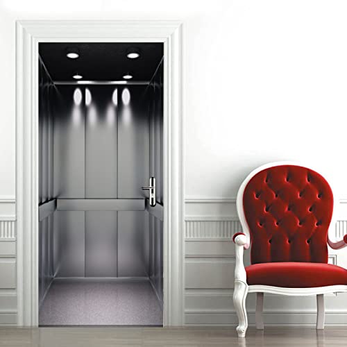 3d Türtapete Selbstklebend Silberner Aufzug Türposter Fototapete, Schlafzimmer Wohnzimmertür Aufzug Tür Aufkleber B100 x H200cm von BOVZOX