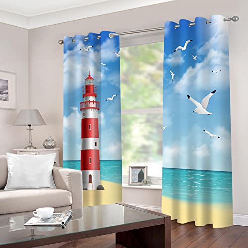 BOVZOX Blickdichte Gardinen Verdunkelungsvorhang Meer & Leuchtturm Lichtundurchlässige Vorhang mit Ösen für Schlafzimmer Geräuschreduzierung von BOVZOX