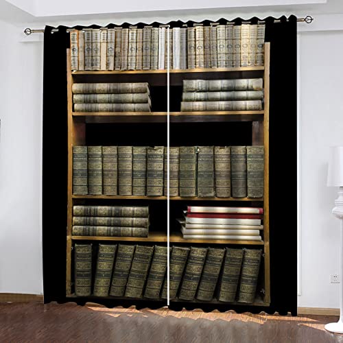 BOVZOX Vorhang Blickdicht Ösenschal Retro-Bücherregal Thermo Gardinen Blickdicht Vorhänge für Kinderzimmer Schlafzimmer Gardine Größe:2 x B117 x H138cm von BOVZOX