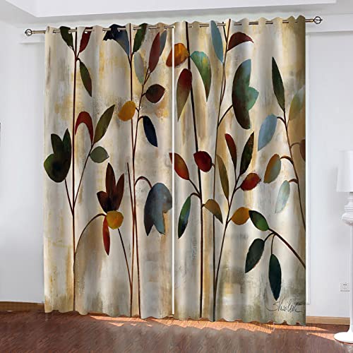 BOVZOX Vorhang Blickdicht ösen 2 Stück x 140 B x 175cm H Retro & Blätter Muster Gardine Lichtundurchlässig Fenstervorhang Wohnzimmer Schlafzimmer von BOVZOX