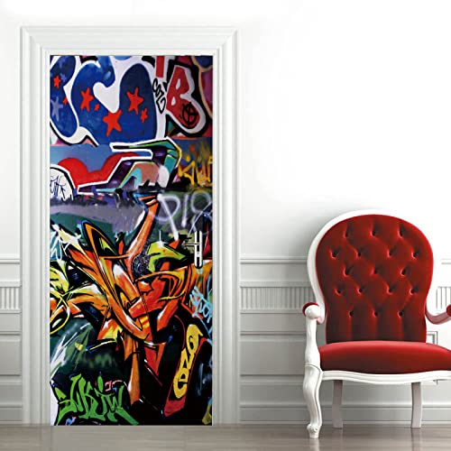 Tür bekleben mit Türtapete Selbstklebend Abstrakte Graffiti Tür verschönern mit Türfolie Türaufkleber Türbilder Türposter Türklebefolie B85 x H205cm von BOVZOX