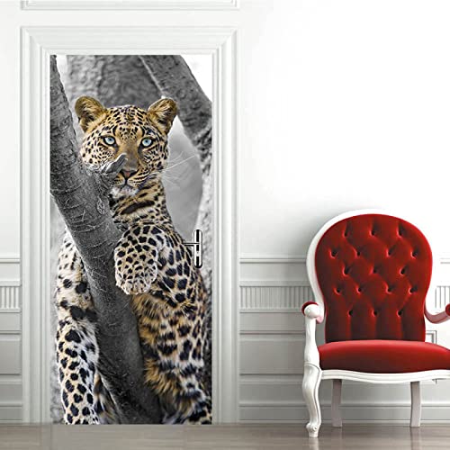 Türaufkleber Leopard Türtapete Selbstklebend Türposter Kinderzimmer Fototapete Türfolie Poster Tapete 3D Decoration Aufkleber PVC B90 x H200cm von BOVZOX