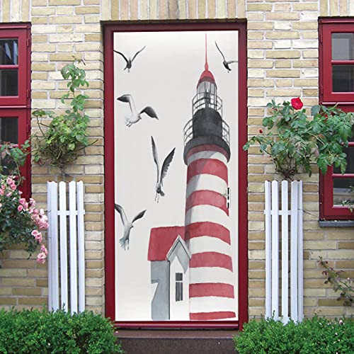 Türaufkleber Möwen-Leuchtturm Selbstklebend Fototapete Türfolie Türtapete 3D Tür Aufkleber Abnehmbar Wohnzimmer Küche Schlafzimmer Wandaufkleber B85 x H205cm von BOVZOX