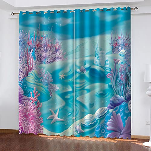 Vorhang Blickdicht Ösenschal Blauer Meeresboden Thermo Gardinen Blickdicht Vorhänge für Kinderzimmer Schlafzimmer Gardine Größe:2 x B140 x H175cm von BOVZOX