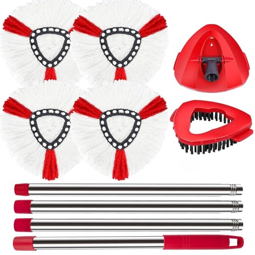 Spin Mop Ersatzköpfe Kompatibel mit O Ceda und Viled EasyWring 1 Tank System, Scrub Brush Mop Ersatzkopf, 4pcs Mops Heads-blau & 1pc Bürste & 1 Set Griff & 1pc Basis von BOWEITI