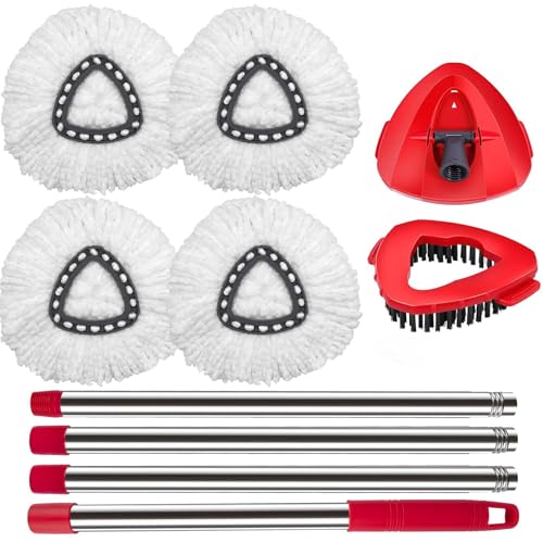 Spin Mop Ersatzköpfe Kompatibel mit O Ceda und Viled EasyWring 1 Tank System, Scrub Brush Mop Ersatzkopf, 4pcs Mops Heads-weiß & 1pc Brush & 1 Set Griff & 1pc Basis von BOWEITI