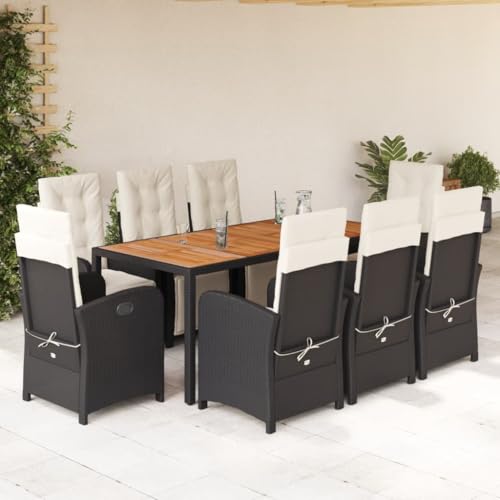 9-teiliges Garten-Esszimmer-Set mit Kissen, schwarzes Poly-Rattan-Möbel, Outdoor-Möbel, Gartenmöbel-Sets von BOWEKAM