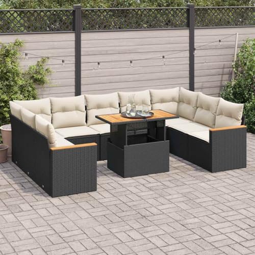 BOWEKAM Möbel, Outdoor-Möbel, Gartenmöbel-Sets, 10-teiliges Gartensofa-Set mit Kissen, schwarzes Polyrattan-Akazie von BOWEKAM