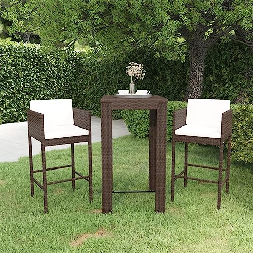 BOWEKAM Möbel, Outdoor-Möbel, Gartenmöbel-Sets, 3-teiliges Garten-Bar-Set mit Kissen, Polyrattan, Braun von BOWEKAM
