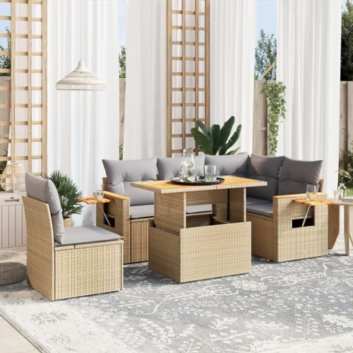 BOWEKAM Möbel, Outdoor-Möbel, Gartenmöbel-Sets, 6-teiliges Gartensofa-Set mit Kissen, Beige, Polyrattan von BOWEKAM
